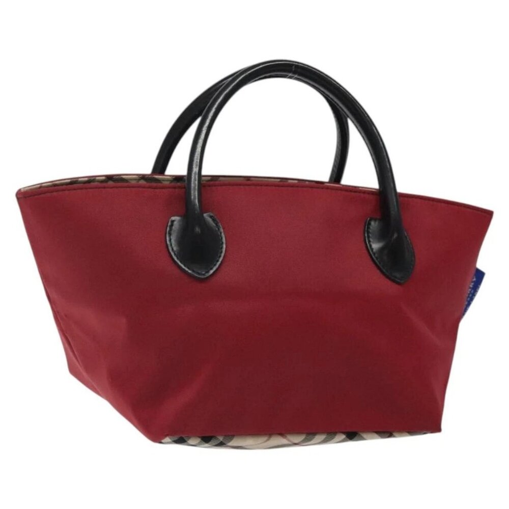 BURBERRY Nova Check Blue Label Hand Bag Nylon Red Silver Auth hs1715